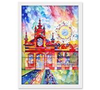 Artery8 Gaudi Inspired Rural Train Station Folk Art Artwork Framed A3 Wall Art Print