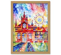 Artery8 Gaudi Inspired Rural Train Station Folk Art Artwork Framed A3 Wall Art Print