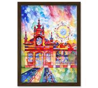 Artery8 Gaudi Inspired Rural Train Station Folk Art Artwork Framed Wall Art Print A4 in Brown Artery8 Brown