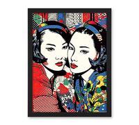 Artery8 Gay Japan Women Linocut Vibrant Geometric Patterns LGBTQ Pan Portrait Halftone Artwork Framed Wall Art Print 18X24 Inch