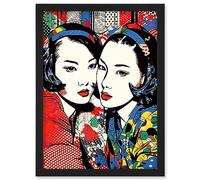 Artery8 Gay Japan Women Linocut Vibrant Geometric Patterns LGBTQ Pan Portrait Halftone Artwork Framed Wall Art Print A4