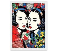 Artery8 Gay Japan Women Linocut Vibrant Geometric Patterns LGBTQ Pan Portrait Halftone Artwork Framed A3 Wall Art Print