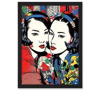 Artery8 Gay Japan Women Linocut Vibrant Geometric Patterns LGBTQ Pan Portrait Halftone Artwork Framed A3 Wall Art Print