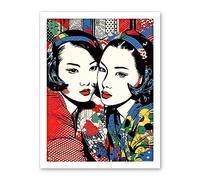 Artery8 Gay Japan Women Linocut Vibrant Geometric Patterns LGBTQ Pan Portrait Halftone Artwork Framed Wall Art Print 18X24 Inch