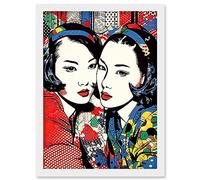 Artery8 Gay Japan Women Linocut Vibrant Geometric Patterns LGBTQ Pan Portrait Halftone Artwork Framed Wall Art Print A4