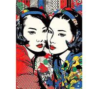 Artery8 Gay Japan Women Linocut Vibrant Geometric Patterns LGBTQ Pan Portrait Halftone Large Wall Art Poster Print Thick Paper 18X24 Inch