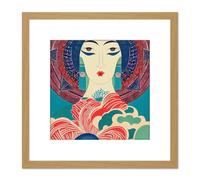 Artery8 Geisha Art Deco Portrait Blue Pink Red Pattern Linocut Illustration Square Wooden Framed Wall Art Print Picture 8X8 Inch in Light Oak Artery8 Light Oak