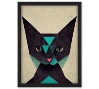 Doppelganger33 LTD Geometric Black Cat Teal Fun Quirky Artwork Framed Wall Art Print A4