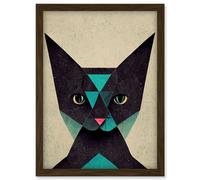 Doppelganger33 LTD Geometric Black Cat Teal Fun Quirky Artwork Framed Wall Art Print A4