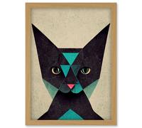 Doppelganger33 LTD Geometric Black Cat Teal Fun Quirky Artwork Framed Wall Art Print A4