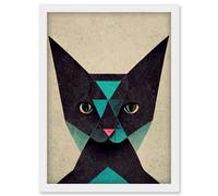 Artery8 Geometric Black Cat Teal Fun Quirky Artwork Framed Wall Art Print A4 in White Artery8 White