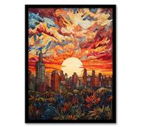 Artery8 Geometric Cityscape Sunset Modern Bold Vibrant Artwork Painting Artwork Framed Wall Art Print A4