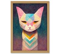 Artery8 Geometric Egyptian Cat Pastel Boho Artwork Framed Wall Art Print A4 in Light Oak Artery8 Light Oak