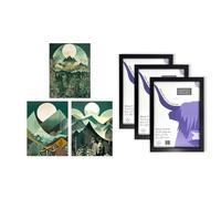 Artery8 Geometric Landscapes Wall Art - Set of 3 A4 Sized Art with Black Frames - Forest Mountain Boho Art Deco Tan Teal Green Full Moon Sunrises