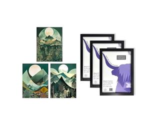 Artery8 Geometric Landscapes Wall Art - Set of 3 A4 Sized Art with Black Frames - Forest Mountain Boho Art Deco Tan Teal Green Full Moon Sunrises