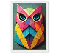 Artery8 Geometric Rainbow Owl Picture Abstract Multi Coloured Artwork Framed Wall Art Print A4 in White Artery8 White