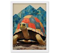 Wall Art Print Geometric Turtle Colourful Hexagon Scutes Shell Pattern Tortoise Bathroom Nautical Theme Artwork Framed A4 Artery8 White A4