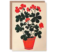 Artery8 Greeting Card Geranium Potted Plant Lover Red Green Painting Blank For Him Or Her Art Birthday Card