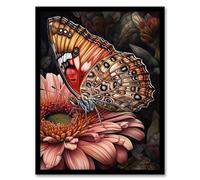Artery8 Gerbera Daisy Flower With Butterfly Pencil Spring Bloom With Insect Macro Close-Up Painted Lady Pattern Colourful Bright Floral Modern Artwork Artwork Framed Wall Art Print 18X24 Inch