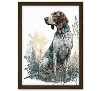 Artery8 German Pointer Dog Sitting in Field Modern Detailed Illustration Artwork Framed A3 Wall Art Print