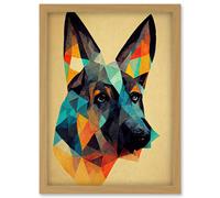 Artery8 German Shepherd Alsatian Dog Colourful Geometric Artwork Framed Wall Art Print A4 in Light Oak Artery8 Light Oak