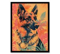 Artery8 German Shepherd Colourful Botanical Pet Portrait For Living Room Artwork Framed Wall Art Print A4