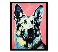 Artery8 German Shepherd Coral Teal Bold Vibrant Screen Print Risograph Artwork Spot Block Colour Duotone Retro Riso Interior Design Blue Salmon Artwork Framed Wall Art Print 18X24 Inch