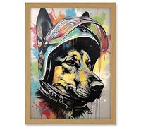 Artery8 German Shepherd Dog Wearing Motorcycle Helmet Artwork Framed A3 Wall Art Print