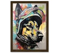 Artery8 German Shepherd Dog Wearing Motorcycle Helmet Artwork Framed A3 Wall Art Print