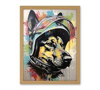 Artery8 German Shepherd Dog Wearing Motorcycle Helmet Artwork Framed Wall Art Print 18X24 Inch