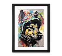 Artery8 German Shepherd Dog Wearing Motorcycle Helmet Artwork Framed Wall Art Print 18X24 Inch