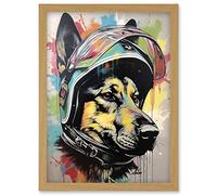 German Shepherd Dog Wearing Motorcycle Helmet Artwork Framed Wall Art Print A4 Artery8 Light Oak One Size