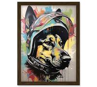 Artery8 German Shepherd Dog Wearing Motorcycle Helmet Artwork Framed Wall Art Print A4