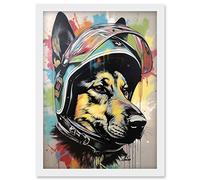 Artery8 German Shepherd Dog Wearing Motorcycle Helmet Artwork Framed Wall Art Print A4