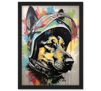 Artery8 German Shepherd Dog Wearing Motorcycle Helmet Wall Art Print - A4 Size