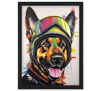 Artery8 German Shepherd Dog Wearing Ski Helmet and Goggles Artwork Framed Wall Art Print A4
