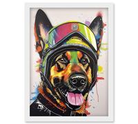 German Shepherd Dog Wearing Ski Helmet and Goggles Artwork Framed Wall Art Print A4 Artery8 White One Size
