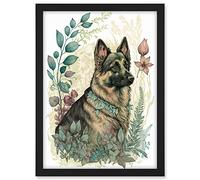Artery8 German Shepherd Dog with a Leaf Collar Spring Field Boho Pastel Watercolour Illustration Artwork Framed A3 Wall Art Print