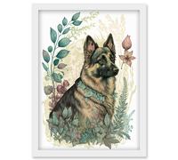 Artery8 German Shepherd Dog with a Leaf Collar Spring Field Boho Pastel Watercolour Illustration Artwork Framed Wall Art Print A4 in White Artery8 White