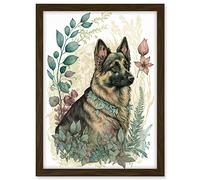 Artery8 German Shepherd Dog with a Leaf Collar Spring Field Boho Pastel Watercolour Illustration Artwork Framed A3 Wall Art Print