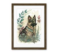 Artery8 German Shepherd Dog with a Leaf Collar Spring Field Boho Pastel Watercolour Illustration Artwork Framed Wall Art Print 18X24 Inch