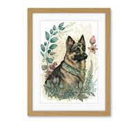 Artery8 German Shepherd Dog with a Leaf Collar Spring Field Boho Pastel Watercolour Illustration Artwork Framed Wall Art Print 18X24 Inch