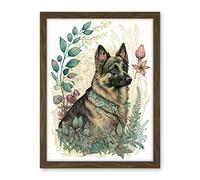 Artery8 German Shepherd Dog with a Leaf Collar Spring Field Boho Pastel Watercolour Illustration Artwork Framed Wall Art Print 18X24 Inch