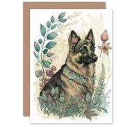 Artery8 German Shepherd Dog with a Leaf Collar Spring Field Boho Pastel Watercolour Illustration Art Birthday Sealed Greeting Card Plus Envelope Blank inside