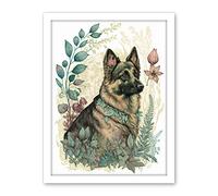 Artery8 German Shepherd Dog with a Leaf Collar Spring Field Boho Pastel Watercolour Illustration Artwork Framed Wall Art Print 18X24 Inch