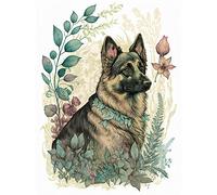 Artery8 German Shepherd Dog with a Leaf Collar Spring Field Boho Pastel Watercolour Illustration Extra Large XL Wall Art Poster Print
