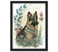 Artery8 German Shepherd Dog With A Leaf Collar Spring Field Boho Pastel Watercolour Illustration Wall Art Print - A4 Size