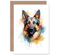 Artery8 German Shepherd Lovers Gift Watercolour Pet Portrait Painting Artwork Sealed Greeting Card Plus Envelope Blank inside