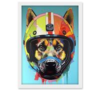 Artery8 German Shepherd Wearing Motorbike Helmet Pop Art Artwork Framed A3 Wall Art Print