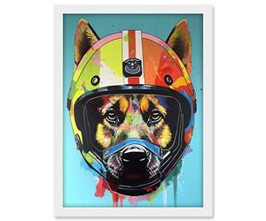 Artery8 German Shepherd Wearing Motorbike Helmet Pop Art Artwork Framed A3 Wall Art Print